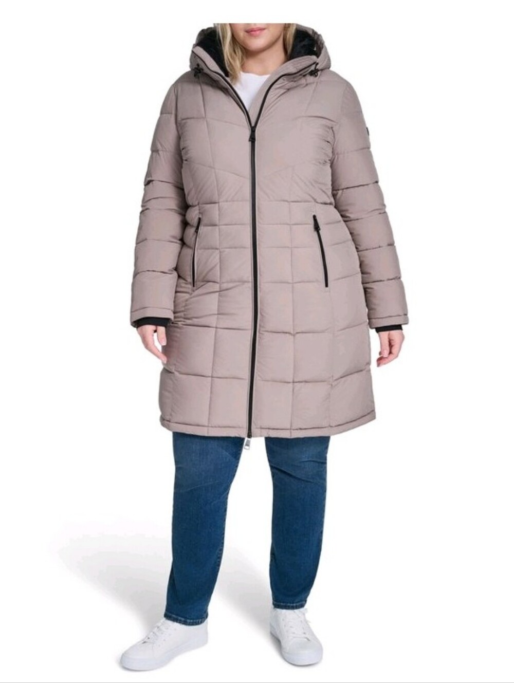 (6)DKNY Ladies  Quilted Hooded Long Puffer Coat in Taupe